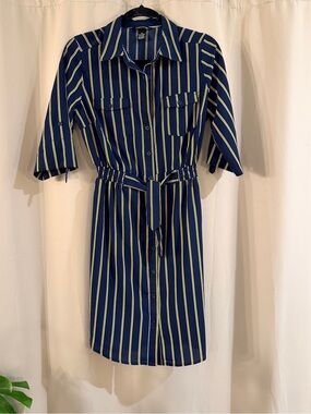 Millenium Striped Navy and Yellow Button-Front Shirt Dress